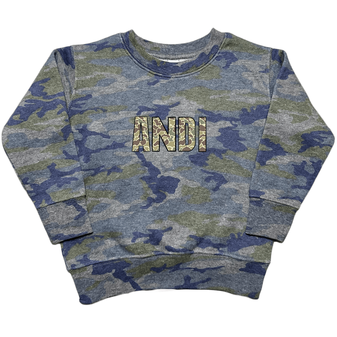 Personalized Camo Name Toddler Crew Neck Sweatshirt - Muddy Boots Clothing - Crew Neck Sweatshirt