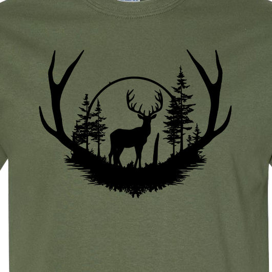 Green t-shirt with a black silhouette of a deer and trees design.