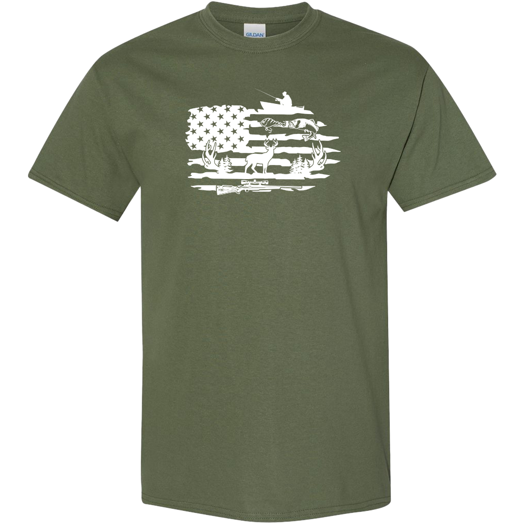 Fishing and Hunting Flag Adult Tee
