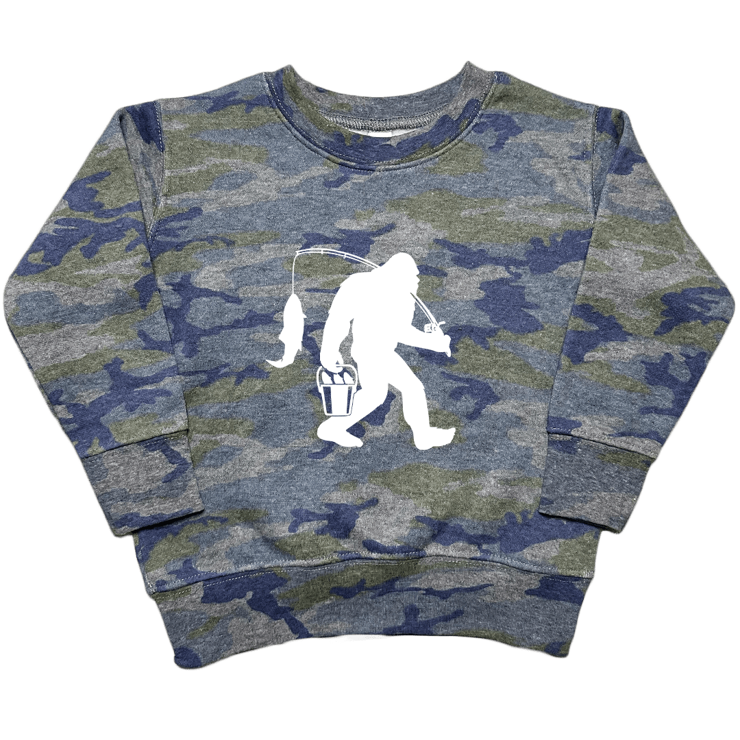 Fishing Sasquatch Toddler Crew Neck Sweatshirt - Muddy Boots Clothing - Crew Neck Sweatshirt