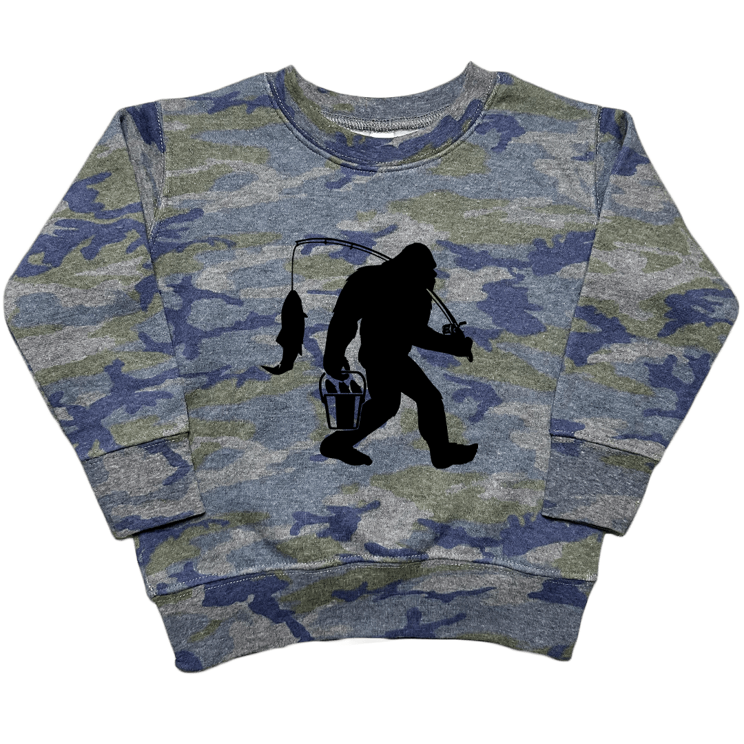 Fishing Sasquatch Toddler Crew Neck Sweatshirt - Muddy Boots Clothing - Crew Neck Sweatshirt