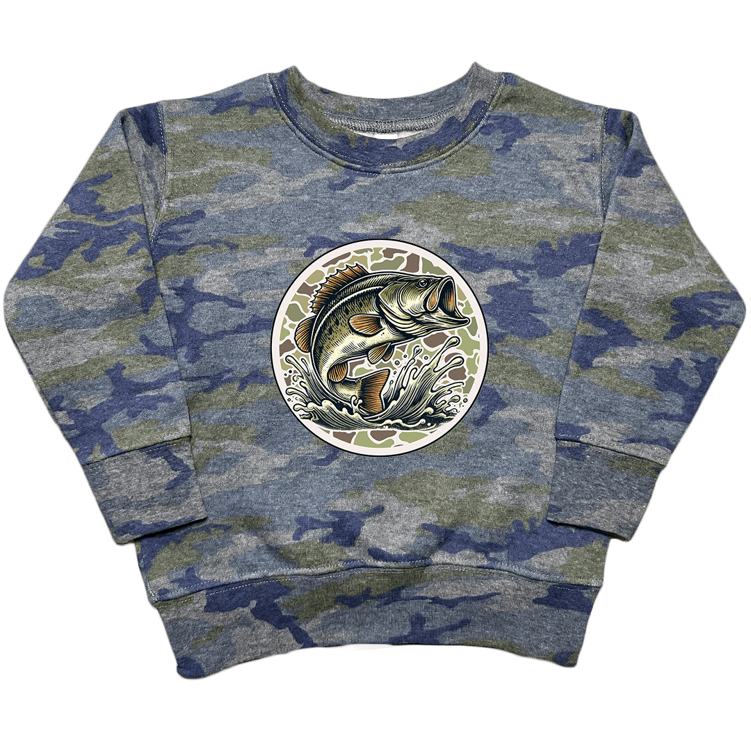 Jumping Bass Toddler Crew Neck Sweatshirt - Muddy Boots Clothing - Crew Neck Sweatshirt