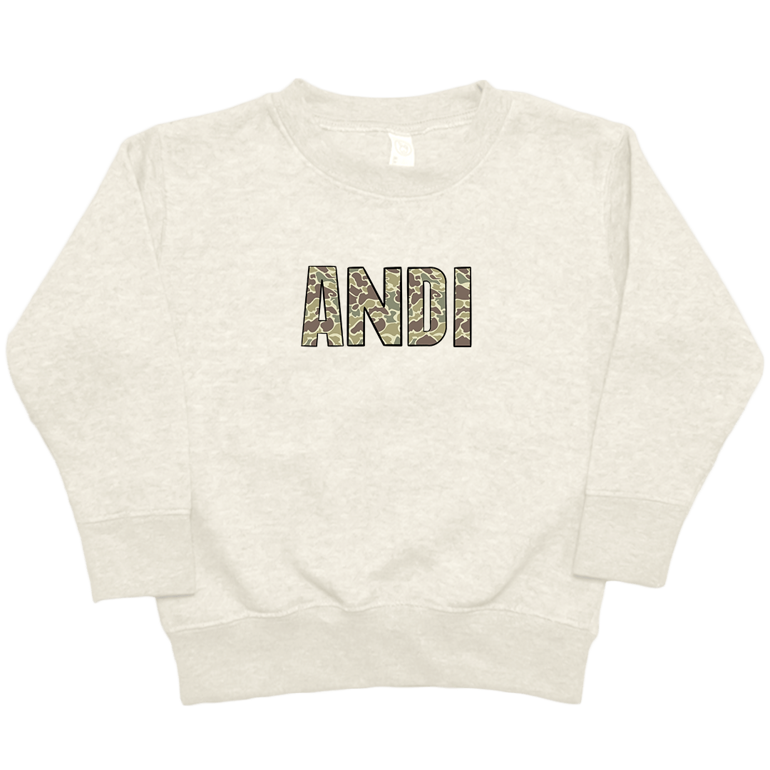 Personalized Camo Name Toddler Crew Neck Sweatshirt - Muddy Boots Clothing - Crew Neck Sweatshirt