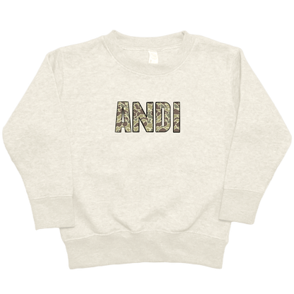 Personalized Camo Name Toddler Crew Neck Sweatshirt - Muddy Boots Clothing - Crew Neck Sweatshirt