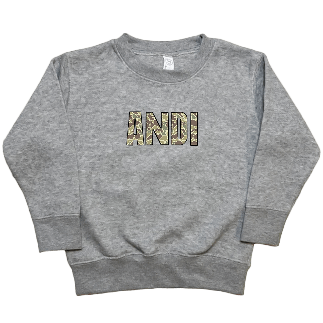 Personalized Camo Name Toddler Crew Neck Sweatshirt - Muddy Boots Clothing - Crew Neck Sweatshirt