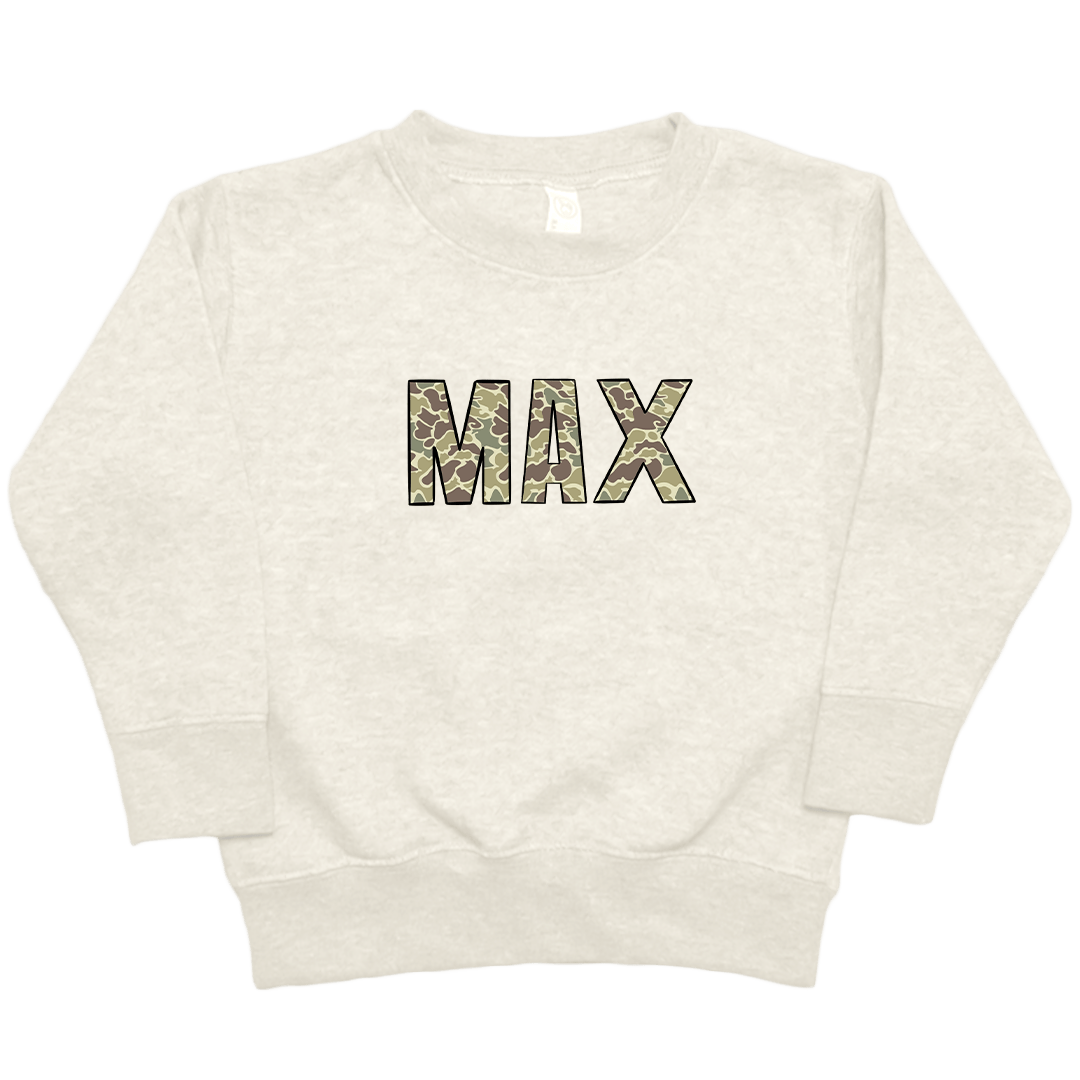 Personalized Camo Name Toddler Crew Neck Sweatshirt - Muddy Boots Clothing - Crew Neck Sweatshirt