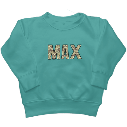Personalized Camo Name Toddler Crew Neck Sweatshirt - Muddy Boots Clothing - Crew Neck Sweatshirt