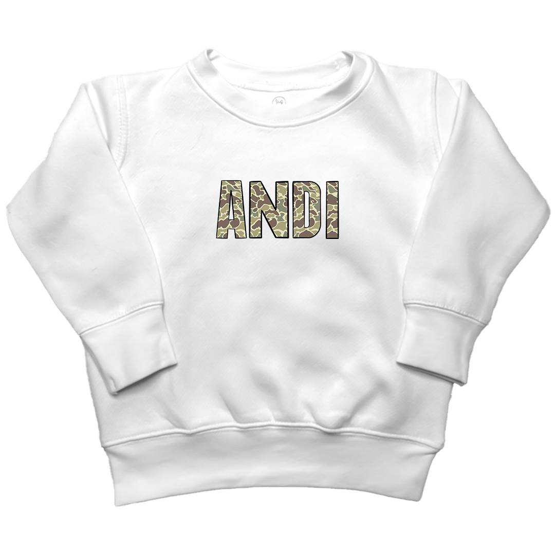 Personalized Camo Name Toddler Crew Neck Sweatshirt - Muddy Boots Clothing - Crew Neck Sweatshirt