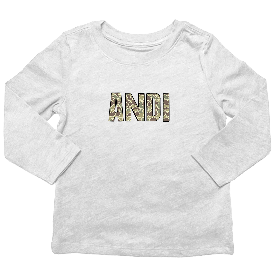 Personalized Camo Name Toddler Long Sleeve Tee - Muddy Boots Clothing - Long Sleeve Tee