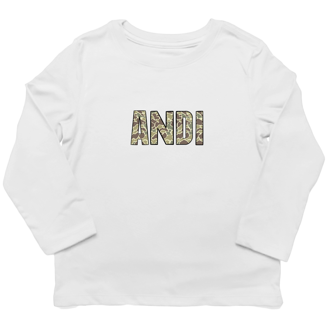 Personalized Camo Name Toddler Long Sleeve Tee - Muddy Boots Clothing - Long Sleeve Tee